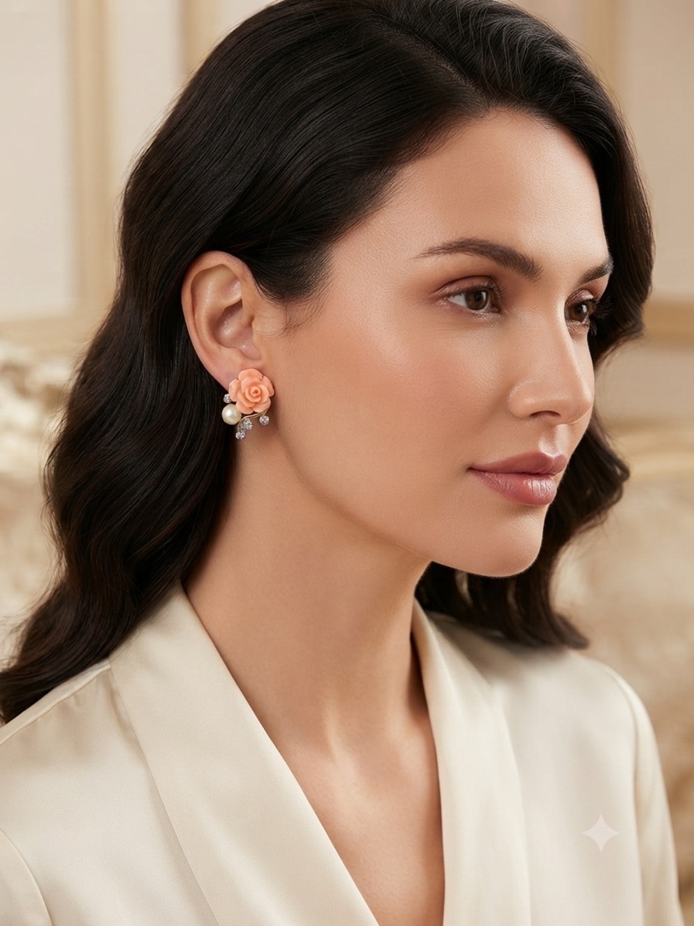 Peach Rose Pearl Cluster Earrings for Women